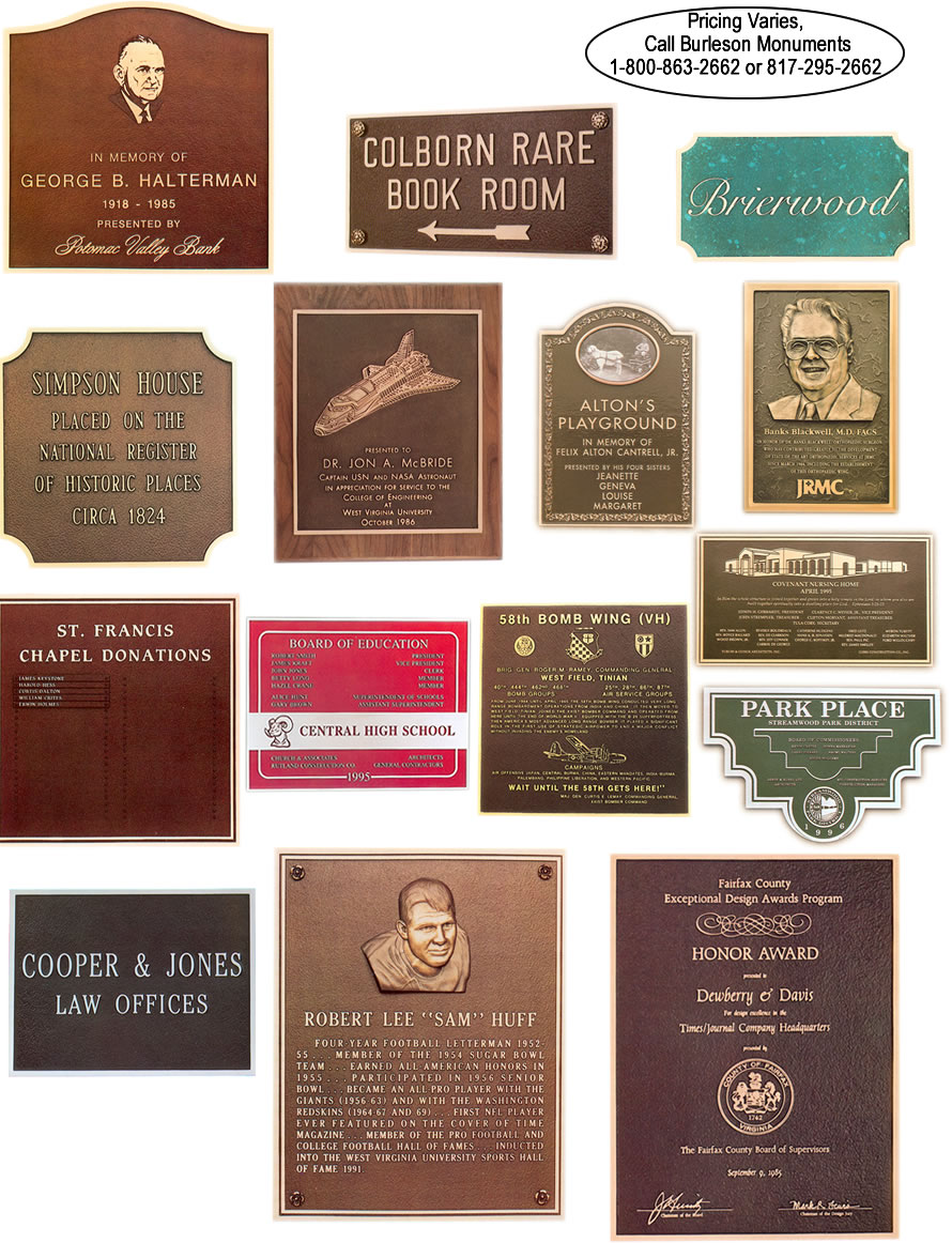 Bronze Plaques for Honorees, Accreditations and Accomplishments, www.burlesonmonuments.com